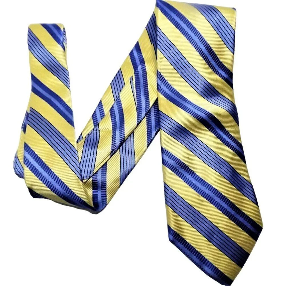 Meeting Street Men's Silk Tie Blue Yellow Striped Handmade 58 inches